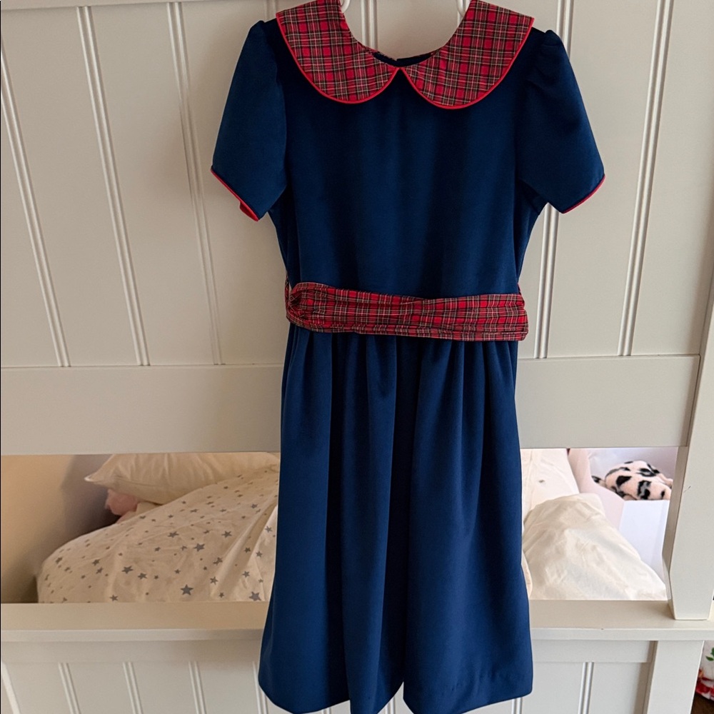 Charming Kids Dress in Navy with Red Plaid Accents